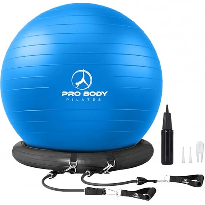 ProBody Pilates Yoga Ball Chair, Exercise Ball Chair with Base or Stand for Home Office Desk Sitting or Workout, Balance & Stability Ball Seat, Large Gym Ball for Back (Blue with Bands) by ProBody Pilates - Used - Like New condition