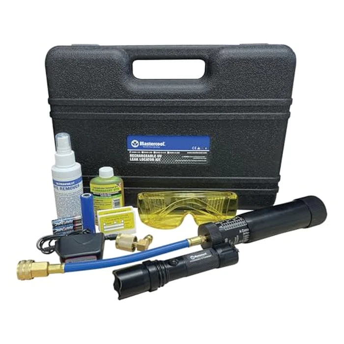 Mastercool 53451-110 Rechargeable UV Leak Detection Kit - Includes High-Intensity UV Flashlight, 2 oz Refillable Dye Injector, Universal Dye, Glasses & Accessories - A/C, Oil, Coolant Leak Locator by Mastercool - Image 1