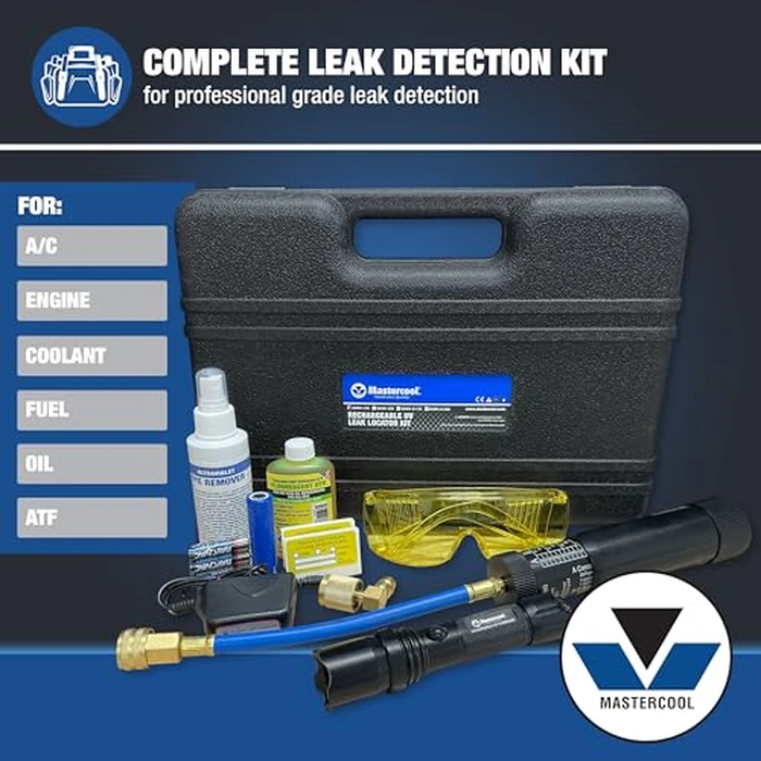 Mastercool 53451-110 Rechargeable UV Leak Detection Kit - Includes High-Intensity UV Flashlight, 2 oz Refillable Dye Injector, Universal Dye, Glasses & Accessories - A/C, Oil, Coolant Leak Locator by Mastercool - Image 2
