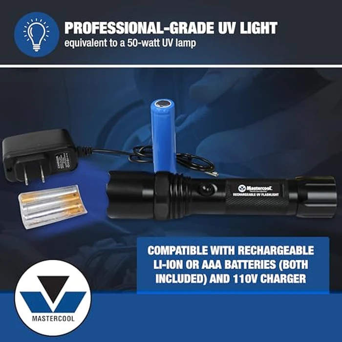 Mastercool 53451-110 Rechargeable UV Leak Detection Kit - Includes High-Intensity UV Flashlight, 2 oz Refillable Dye Injector, Universal Dye, Glasses & Accessories - A/C, Oil, Coolant Leak Locator by Mastercool - Image 3