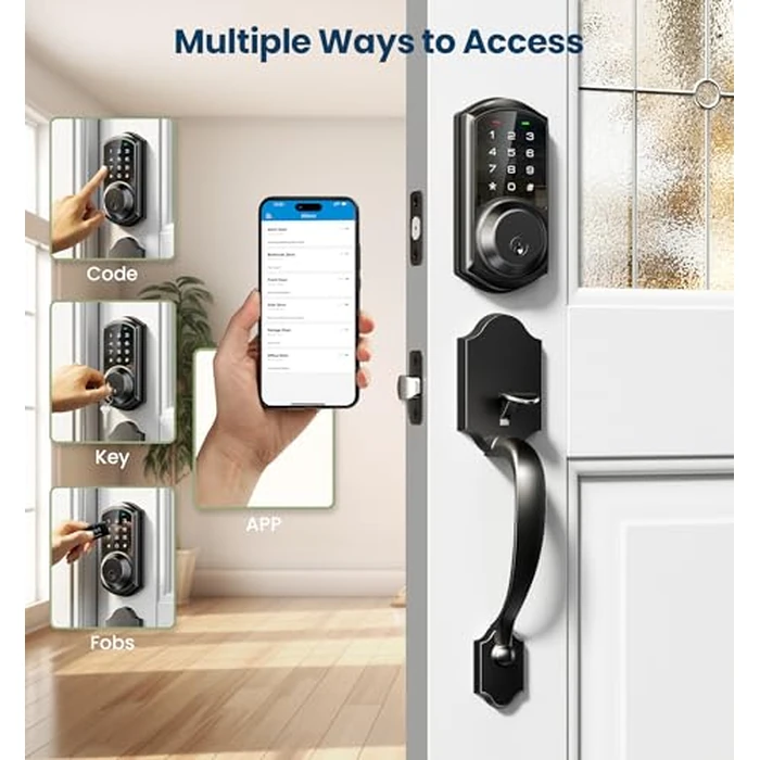 Veise VE06-H Smart Front Door Lock Set, App Control, Keyless Entry Deadbolt with Lever Handle, Electronic Digital Touchscreen Keypad, Auto Lock, Easy Install, Matte Black by Veise - Image 1