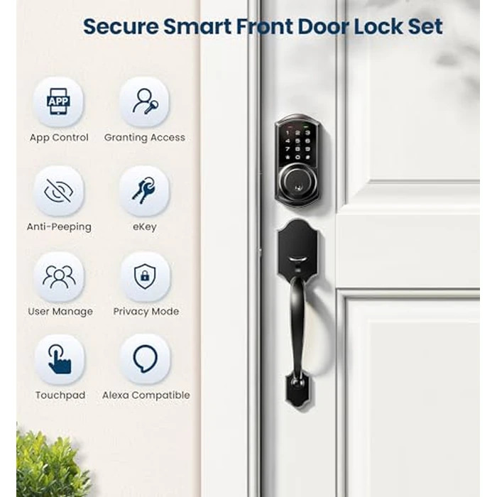 Veise VE06-H Smart Front Door Lock Set, App Control, Keyless Entry Deadbolt with Lever Handle, Electronic Digital Touchscreen Keypad, Auto Lock, Easy Install, Matte Black by Veise - Image 3