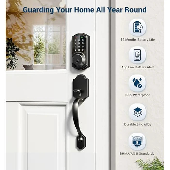 Veise VE06-H Smart Front Door Lock Set, App Control, Keyless Entry Deadbolt with Lever Handle, Electronic Digital Touchscreen Keypad, Auto Lock, Easy Install, Matte Black by Veise - Image 5