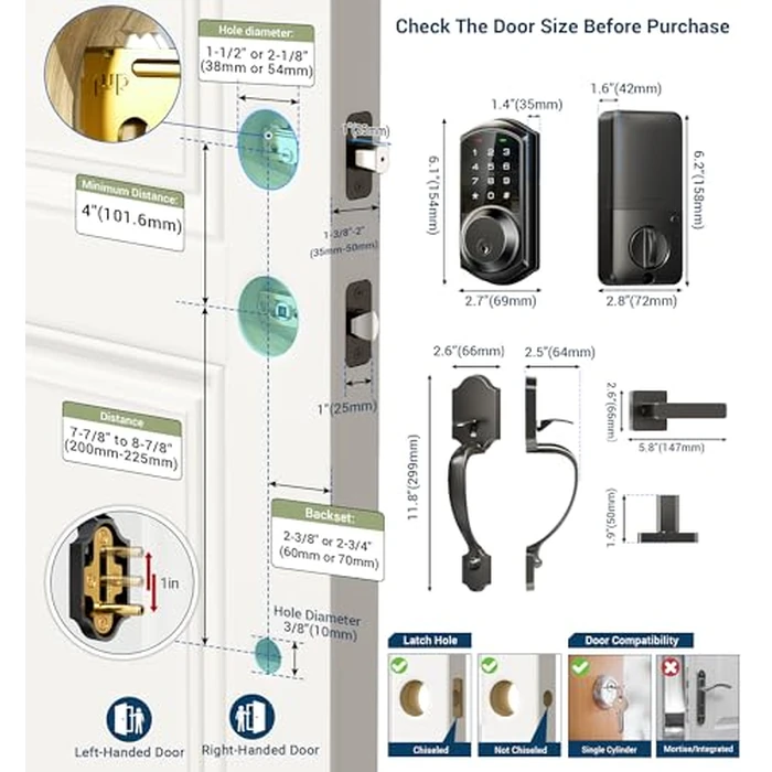 Veise VE06-H Smart Front Door Lock Set, App Control, Keyless Entry Deadbolt with Lever Handle, Electronic Digital Touchscreen Keypad, Auto Lock, Easy Install, Matte Black by Veise - Image 8