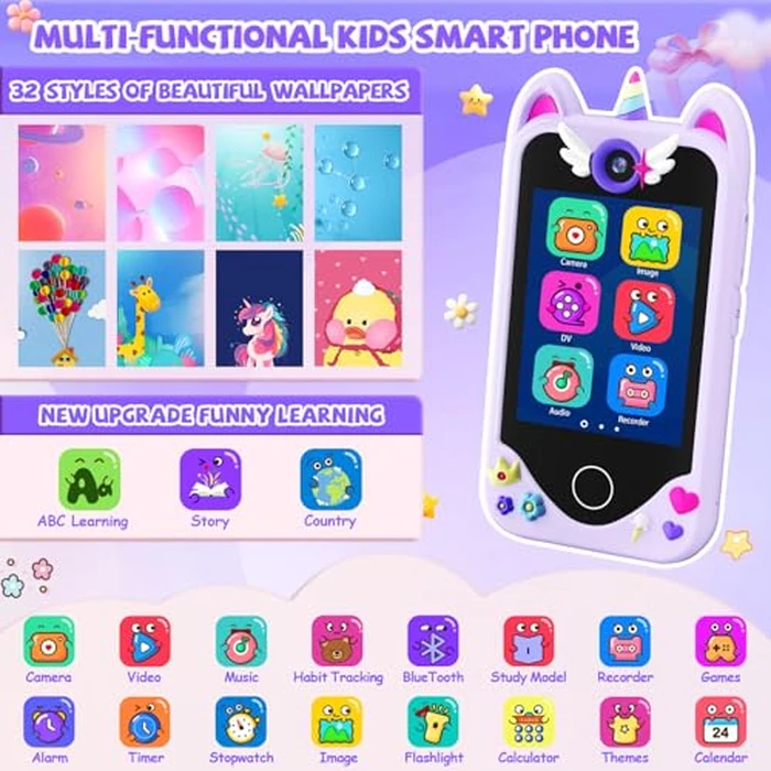 Kids Smart Phone for Girls Gifts - Toddler Christmas Birthday Gift for Age 3 4 5 6 Year Old, Kids Cell Phone Toy with Touchscreen, Dual Cameras, Learning, Kid Mp3 Player, Games with 32 GB Card by Yosfeng - Image 2