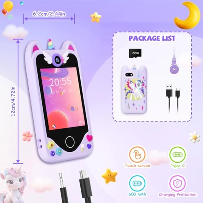 Kids Smart Phone for Girls Gifts - Toddler Christmas Birthday Gift for Age 3 4 5 6 Year Old, Kids Cell Phone Toy with Touchscreen, Dual Cameras, Learning, Kid Mp3 Player, Games with 32 GB Card by Yosfeng - Image 7