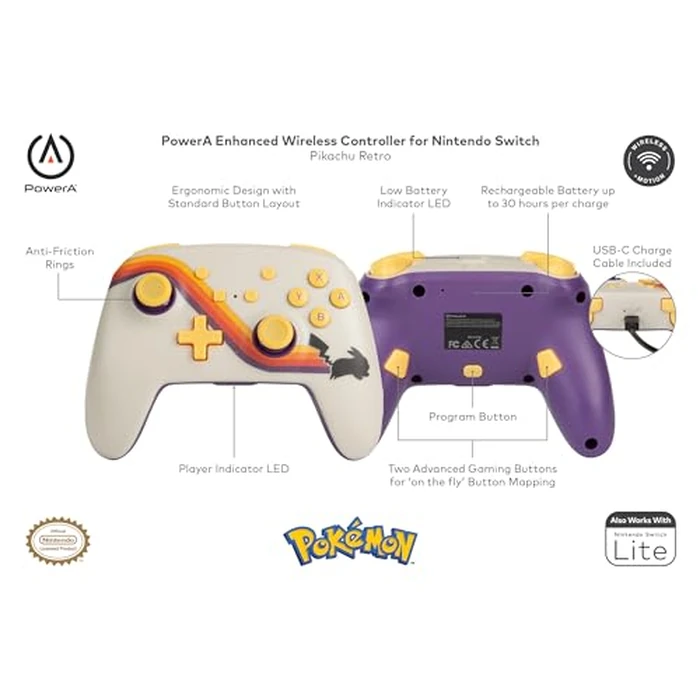 PowerA Enhanced Wireless Controller for Nintendo Switch/Switch 2 / Switch Lite/OLED Model - Pokémon Pikachu Retro - White - Gamepad, game controller, Officially Licensed by PowerA - Image 2