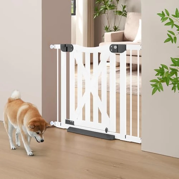 beeNbkks Barn Door Dog Gate, Anti-Kick Pet Gate with Walk Through Door, Modern Farmhouse Puppy Gate, Pressure Mounted Safety Dog Gate for Doorways Stairs House, for 29" to 40" Wide Openings, 30" Tall by beeNbkks - Used - Like New condition - CA$129.00
