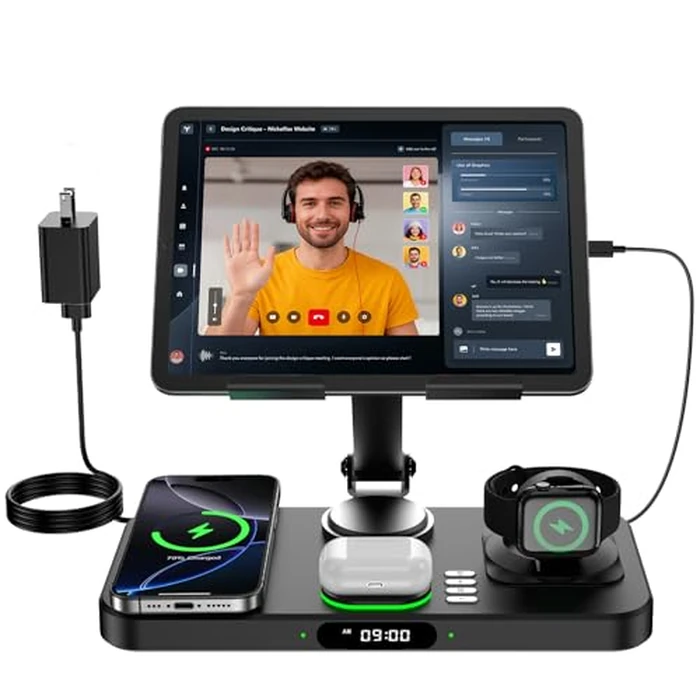 6 in 1 Wireless Charger for Apple Multiple Devices, Charging Station with Clock &7 Color Ambient Light, Foldable Rotate Stand for iPad, for iPhone17/16/15, Support for Apple Watch11/10 For AirPods4 by Opinta - Used - Like New condition