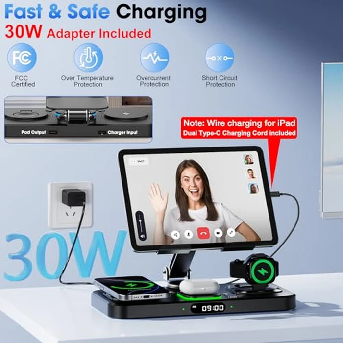 6 in 1 Wireless Charger for Apple Multiple Devices, Charging Station with Clock &7 Color Ambient Light, Foldable Rotate Stand for iPad, for iPhone17/16/15, Support for Apple Watch11/10 For AirPods4 by Opinta - Image 6