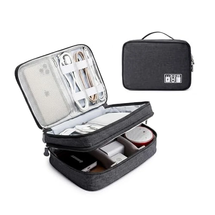 mygreen Electronics Travel Organizer, Watreproof Electronic Accessories Case Portable Double Layer Cable Storage Bag for Cord, Charger, Flash Drive, Phone, Ipad Mini, SD Card, Gifts for Him Black by mygreen - Used - Very Good condition - US$15.09