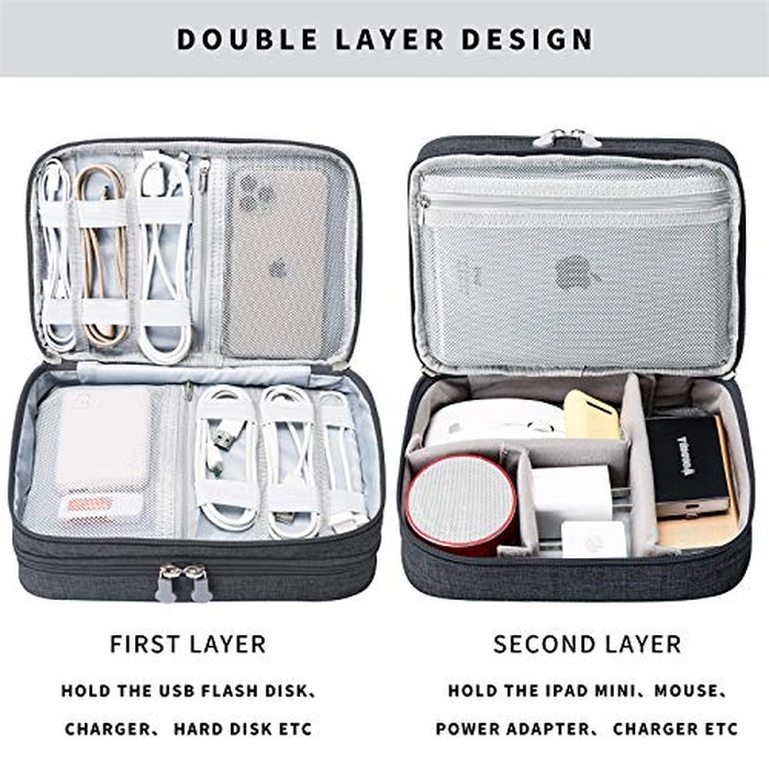 mygreen Electronics Travel Organizer, Watreproof Electronic Accessories Case Portable Double Layer Cable Storage Bag for Cord, Charger, Flash Drive, Phone, Ipad Mini, SD Card, Gifts for Him Black by mygreen - Image 5