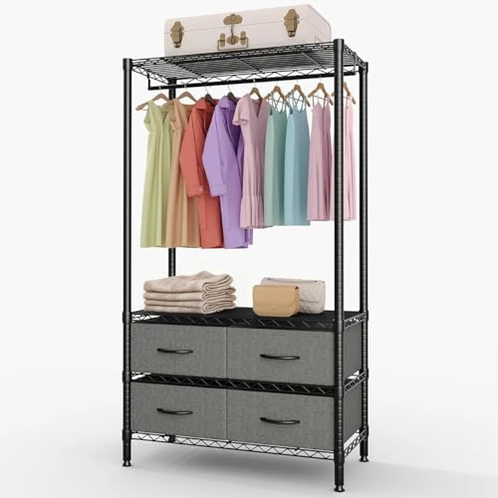 Heavy-Duty Garment Rack with 4 Storage Drawers & Hanging Rod, Freestanding Metal Clothing Rack with Adjustable Shelves, Space Saving Closet Organizer for Bedroom, Dorm, Entryway, 35.4"l x 15.7"w x 71" by ExploreHorizon - Used - Very Good condition - CA$80.99