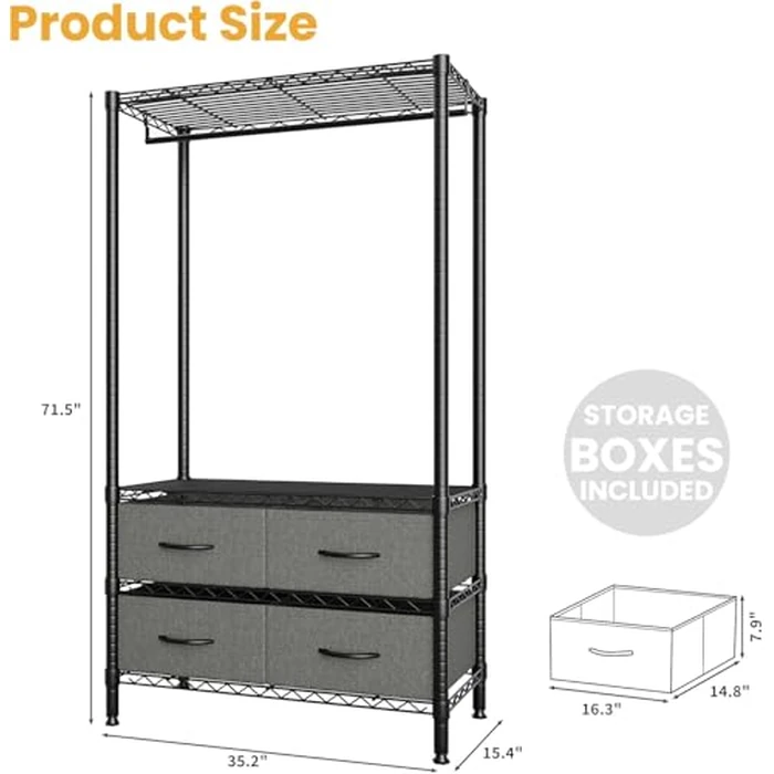 Heavy-Duty Garment Rack with 4 Storage Drawers & Hanging Rod, Freestanding Metal Clothing Rack with Adjustable Shelves, Space Saving Closet Organizer for Bedroom, Dorm, Entryway, 35.4"l x 15.7"w x 71" by ExploreHorizon - Image 2