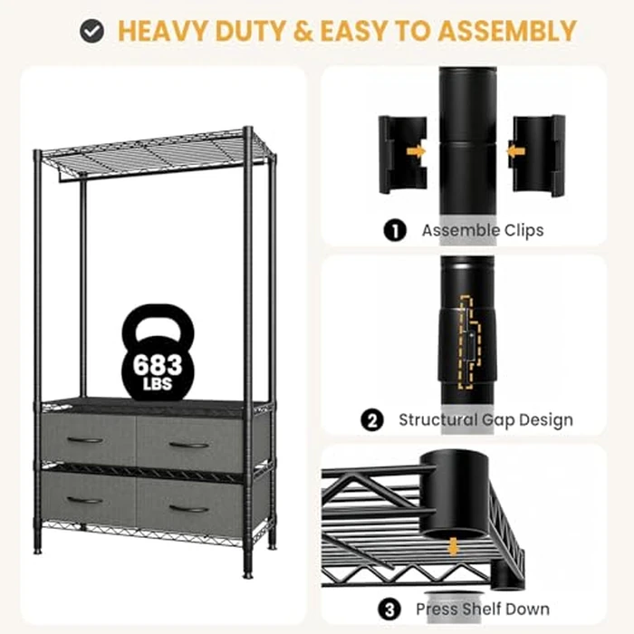 Heavy-Duty Garment Rack with 4 Storage Drawers & Hanging Rod, Freestanding Metal Clothing Rack with Adjustable Shelves, Space Saving Closet Organizer for Bedroom, Dorm, Entryway, 35.4"l x 15.7"w x 71" by ExploreHorizon - Image 5