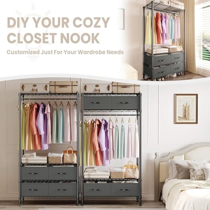 Heavy-Duty Garment Rack with 4 Storage Drawers & Hanging Rod, Freestanding Metal Clothing Rack with Adjustable Shelves, Space Saving Closet Organizer for Bedroom, Dorm, Entryway, 35.4"l x 15.7"w x 71" by ExploreHorizon - Image 6