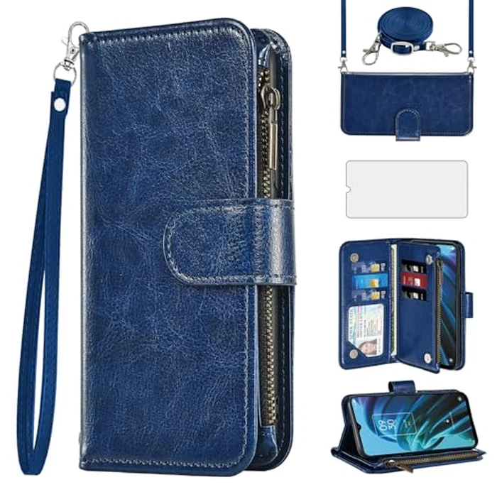 Asuwish Phone Case for TCL 30XE/30V/4X/20AX/20A/20R/Bremen 5G Wallet Cell Cover with Screen Protector Crossbody Strap Zipper Card Holder Stand TLC T601DL 30 XE XE5G V 20 AX R A 6.67 Women Girls Blue by Asuwish - Used - Good condition - CA$7.52