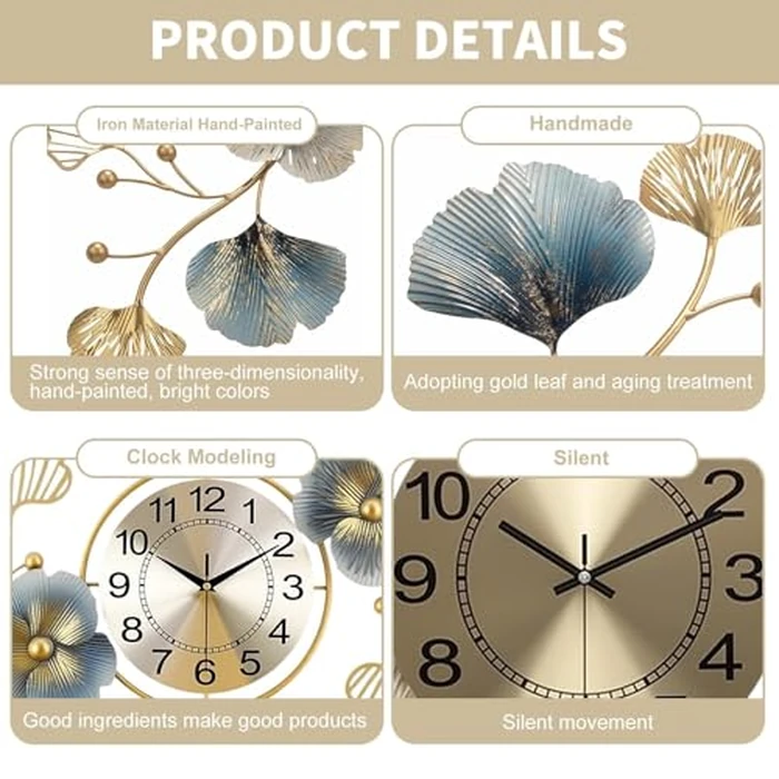 BBTEQEKN Large Wall Clock 33 Inch Creative Metal Ginkgo Leaf, Wall Clock Metal Silent Wall Clock Decoration, Vintage Style Quartz Big Wall Clock for Living Room Kitchen Bedroom by BBTEQEKN - Image 5