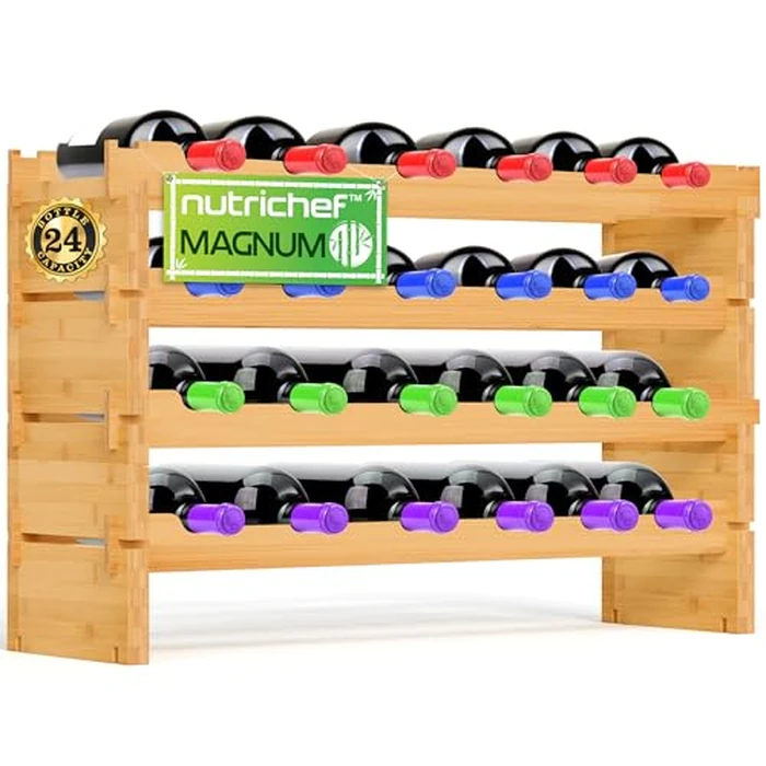 NutriChef Wine Rack, Durable Bamboo Wood Wine Racks Free Standing Floor, Stackable Wobble Free Shelf Organizer Holds Up to 24 Bottles for Home, Bar and Cellar by Nutrichef - Used - Very Good condition - CA$66.44