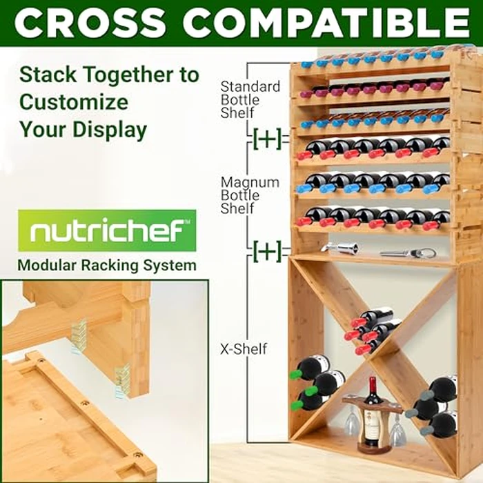 NutriChef Wine Rack, Durable Bamboo Wood Wine Racks Free Standing Floor, Stackable Wobble Free Shelf Organizer Holds Up to 24 Bottles for Home, Bar and Cellar by Nutrichef - Image 5