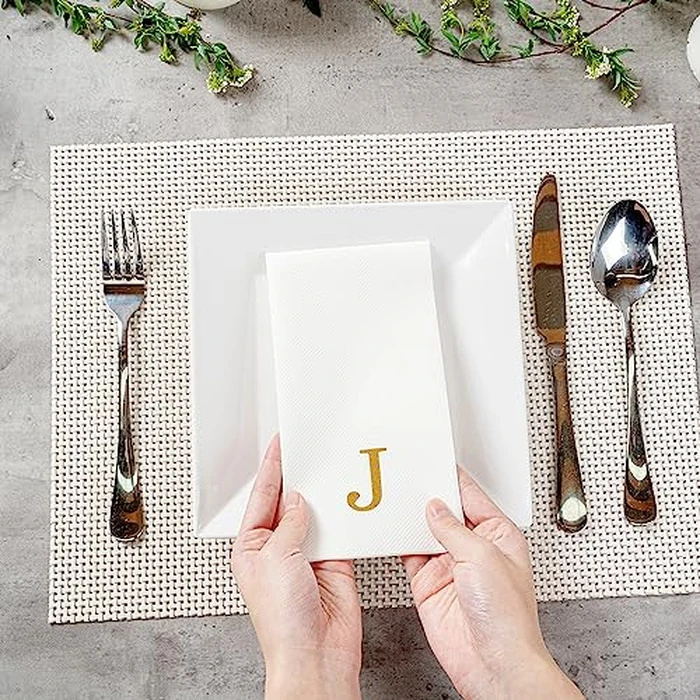 Luxenap 15.8 X 7.9 Inch Linen-Feel Guest Towels, 50 Lettered Hand Towels - Gold Letter 'J', Sans Serif Font, White Paper Dinner Napkins, airlaid, For Restrooms And Tables by Restaurantware - Image 5