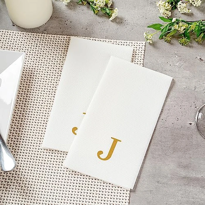 Luxenap 15.8 X 7.9 Inch Linen-Feel Guest Towels, 50 Lettered Hand Towels - Gold Letter 'J', Sans Serif Font, White Paper Dinner Napkins, airlaid, For Restrooms And Tables by Restaurantware - Image 6