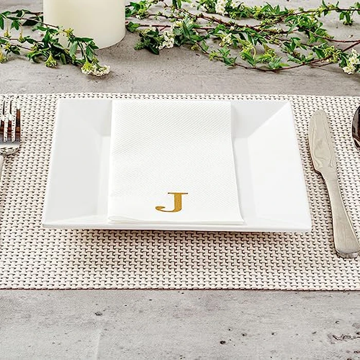 Luxenap 15.8 X 7.9 Inch Linen-Feel Guest Towels, 50 Lettered Hand Towels - Gold Letter 'J', Sans Serif Font, White Paper Dinner Napkins, airlaid, For Restrooms And Tables by Restaurantware - Image 7