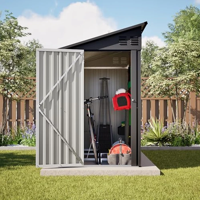 YOPTO 4x8 FT Lean to Metal Shed,Outdoor Heavy-Duty Storage Shed with Floor Base,All Weather Waterproof Garden Tool House W/Lockable Door&2 Air Vent,Reversible Door Design,for Backyard,Patio,Lawn,Black by YOPTO - Image 1