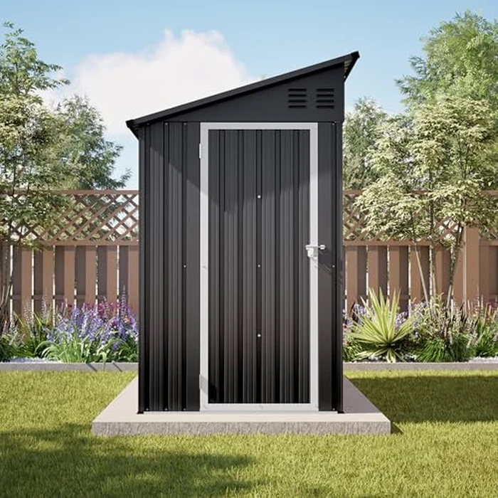 YOPTO 4x8 FT Lean to Metal Shed,Outdoor Heavy-Duty Storage Shed with Floor Base,All Weather Waterproof Garden Tool House W/Lockable Door&2 Air Vent,Reversible Door Design,for Backyard,Patio,Lawn,Black by YOPTO - Image 3