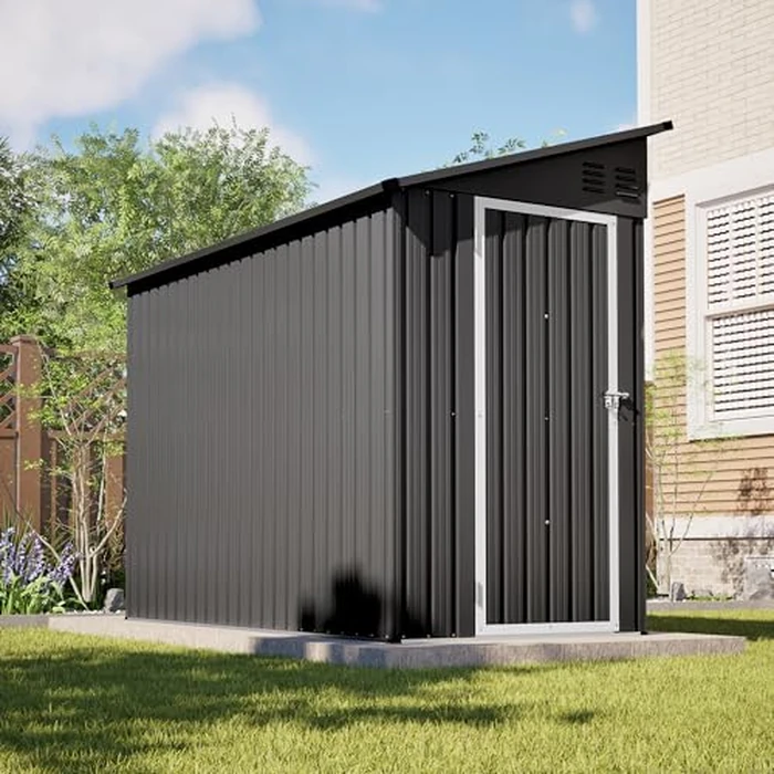 YOPTO 4x8 FT Lean to Metal Shed,Outdoor Heavy-Duty Storage Shed with Floor Base,All Weather Waterproof Garden Tool House W/Lockable Door&2 Air Vent,Reversible Door Design,for Backyard,Patio,Lawn,Black by YOPTO - Image 7