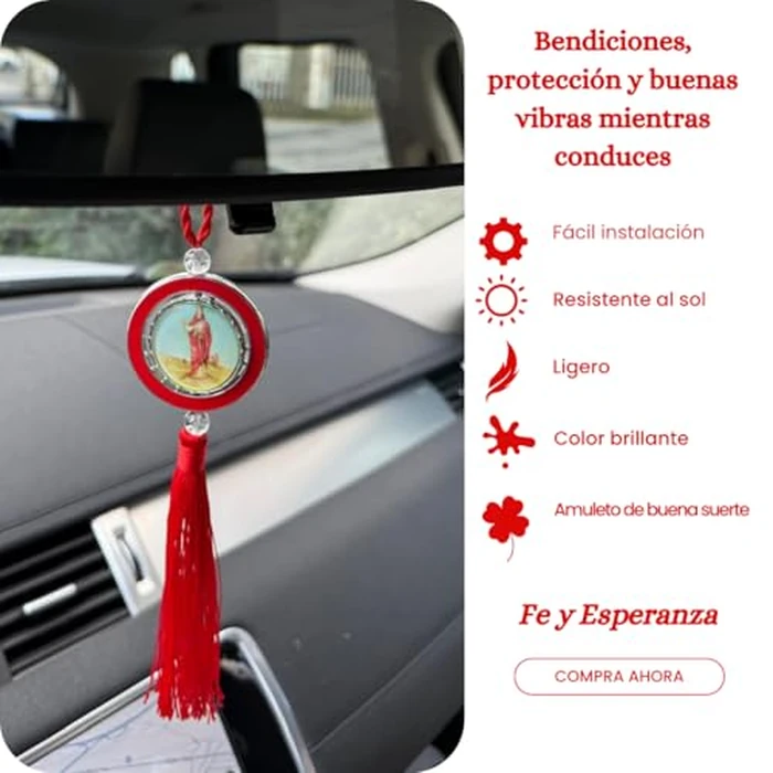 Medalla de Santa Barbara para colgar en Espejo retrovisor del carro o casa. Amuleto de Shangó para la Suerte. Ornamento religioso colgante Rojo y Plateado para tu auto y Altar by Generic - Image 2