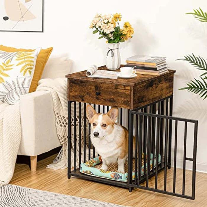 HOOBRO Dog Crate Furniture, Wooden Dog House, Decorative Dog Kennel with Drawer, Indoor Pet Crate End Table for Small Dog, Steel-Tube Puppy Cage, Chew-Proof, Rustic Brown and Black BF01GW03 by HOOBRO - Used - Like New condition
