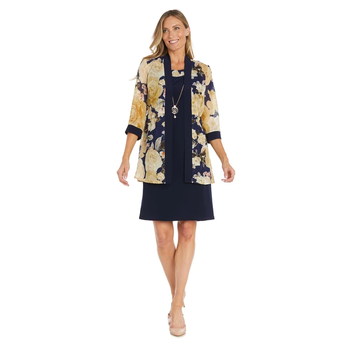 R&M Richards Women's Elegant Floral Chiffon Jacket Dress Set with Necklace - Formal Day to Evening Ensemble Navy/Yellow by R&M Richards - Used - Like New condition - US$37.62