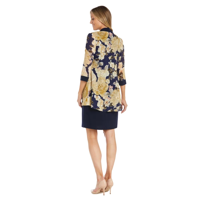 R&M Richards Women's Elegant Floral Chiffon Jacket Dress Set with Necklace - Formal Day to Evening Ensemble Navy/Yellow by R&M Richards - Image 2