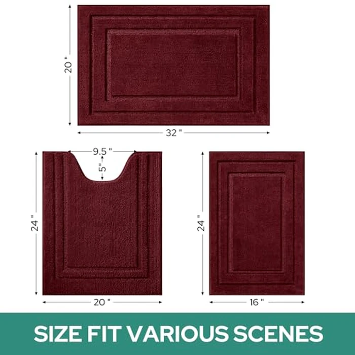 HOMEIDEAS Bathroom Rugs Sets 3 Piece, Super Soft and Absorbent Non Slip Microfiber Toilet Bath Mat with U-Shaped (Burgundy Red) by HOMEIDEAS - Image 6