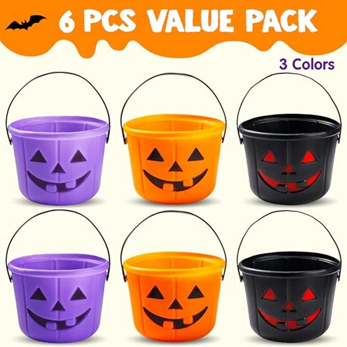 JOYIN 6PCS Halloween Trick or Treat Pumpkin Bucket, Orange Plastic Candy Bucket for Trick or Treating, Black Purple Jack O Lantern Basket and Pails with Handle for Kids Halloween Party Favor Supplies by JOYIN - Image 2