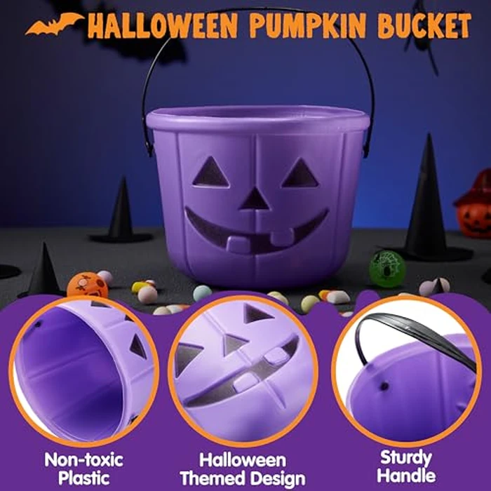 JOYIN 6PCS Halloween Trick or Treat Pumpkin Bucket, Orange Plastic Candy Bucket for Trick or Treating, Black Purple Jack O Lantern Basket and Pails with Handle for Kids Halloween Party Favor Supplies by JOYIN - Image 3