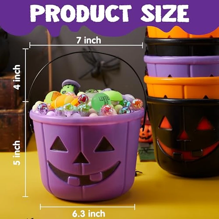 JOYIN 6PCS Halloween Trick or Treat Pumpkin Bucket, Orange Plastic Candy Bucket for Trick or Treating, Black Purple Jack O Lantern Basket and Pails with Handle for Kids Halloween Party Favor Supplies by JOYIN - Image 7