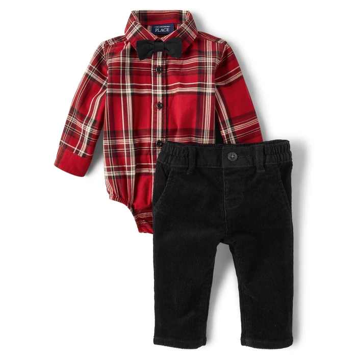 The Children's Place,Baby Boys,and Newborn Button Down Shirt and Pants, 2 Piece Outfit,Redochre,0 Months,3 Months by The Children's Place - Image 1