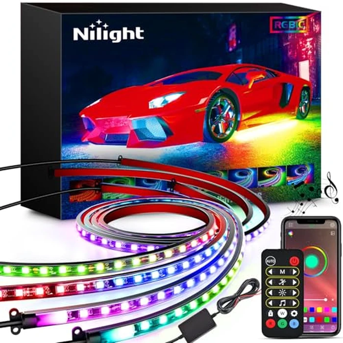 Nilight 4Pcs Car Underglow Neon Accent Strip Lights 256 LEDs RGBIC Multi Color DIY Sound Active Function Music Mode with APP Control and Remote Control Underbody Light Strips, 2 Years Warranty by Nilight - Image 1