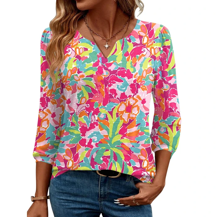 LUYAA 3/4 Sleeve T Shirts for Women V-Neck Work Loose Fit Tunic Top Dressy Summer Floral Print Lady Casual Office Business Blouse Trendy Tee Tshirt by LUYAA - Used - Like New condition - US$17.09