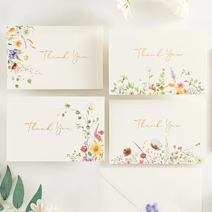 Crisky Floral 4 Assorted Thank You Cards (25 Pack) with Envelopes & Stickers Gold Foil Greeting Cards Bulk, Watercolor Wildflower for Birthday, Baby Shower, Wedding, Graduation by Crisky - Image 1