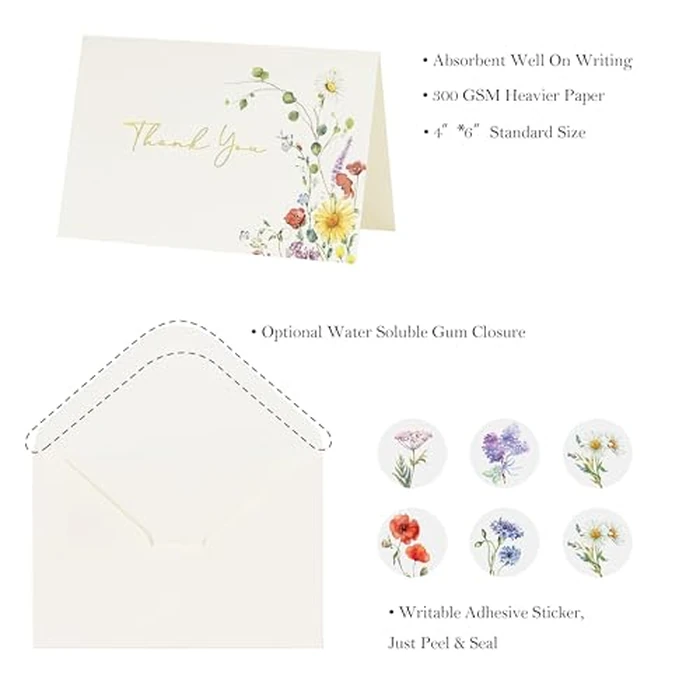 Crisky Floral 4 Assorted Thank You Cards (25 Pack) with Envelopes & Stickers Gold Foil Greeting Cards Bulk, Watercolor Wildflower for Birthday, Baby Shower, Wedding, Graduation by Crisky - Image 2