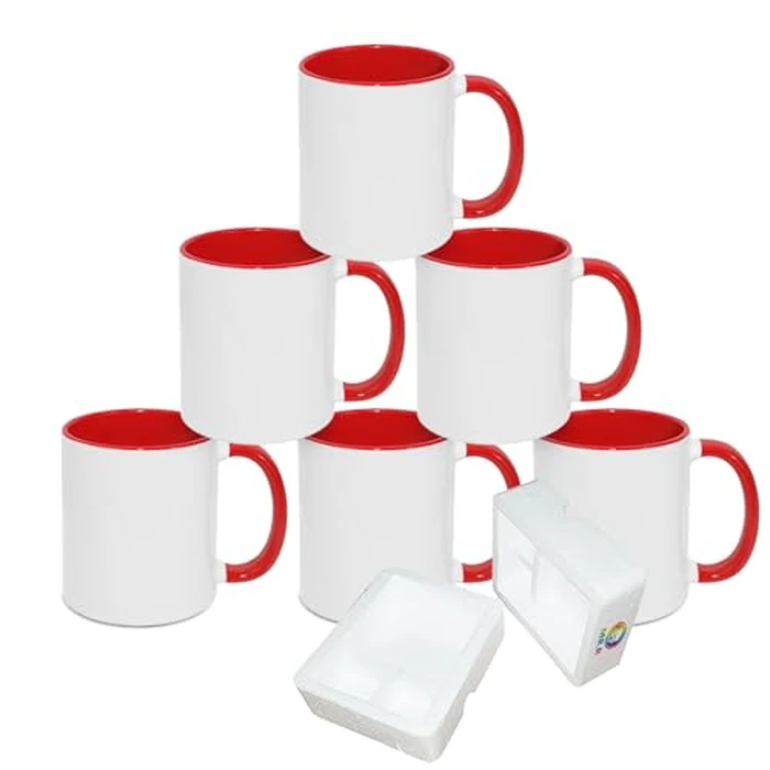 MR.R Set of 6 Sublimation Blanks Dishwasher White Ceramic Mug Porcelain Coffee Cup with Inner Handle Color RED Round Handle 11oz for Heat Transfer Printing by MR.R - Used - Good condition - CA$17.24