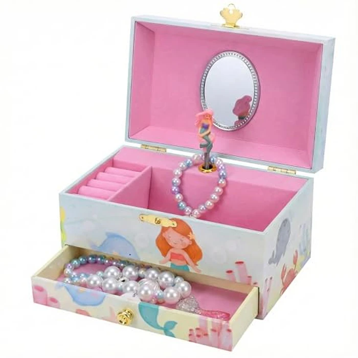 The Memory Building Co Mermaid Musical Jewelry Box Plays Classic Melody, Storage Organizer Music Box for Kids Ages 6-12, MDF Wood w/ 2 Fabric Lined Ring Bracelet Necklace Treasure Compartments by The Memory Building Company - Used - Like New condition