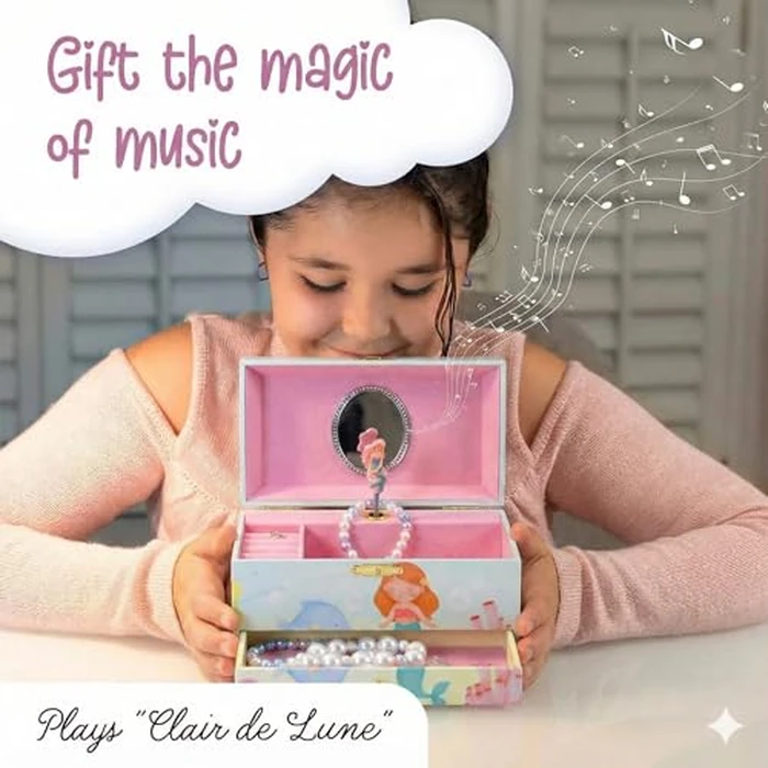 The Memory Building Co Mermaid Musical Jewelry Box Plays Classic Melody, Storage Organizer Music Box for Kids Ages 6-12, MDF Wood w/ 2 Fabric Lined Ring Bracelet Necklace Treasure Compartments by The Memory Building Company - Image 3