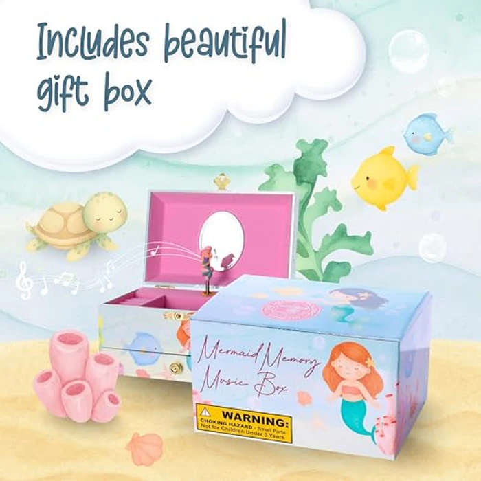 The Memory Building Co Mermaid Musical Jewelry Box Plays Classic Melody, Storage Organizer Music Box for Kids Ages 6-12, MDF Wood w/ 2 Fabric Lined Ring Bracelet Necklace Treasure Compartments by The Memory Building Company - Image 7