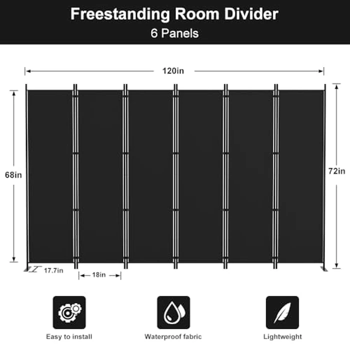 Kokorona 6 Panel Room Divider, 6FT Tall Folding Privacy Screen Wall Dividers, Portable Privacy Screen Freestanding Room Divider for Room Separation, Included - Cover Strips, 120''W x 72''H, Black by Kokorona - Image 2