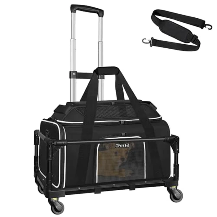 Petskd Top-Expandable Small Pet Carrier with Wheels(18" L x 11" W x 11" H), Delta/American/United Airlines Approved, Rolling Pet Carrier for Small Dogs & Cats (Black) by Petskd - Used - Good condition - US$115.05