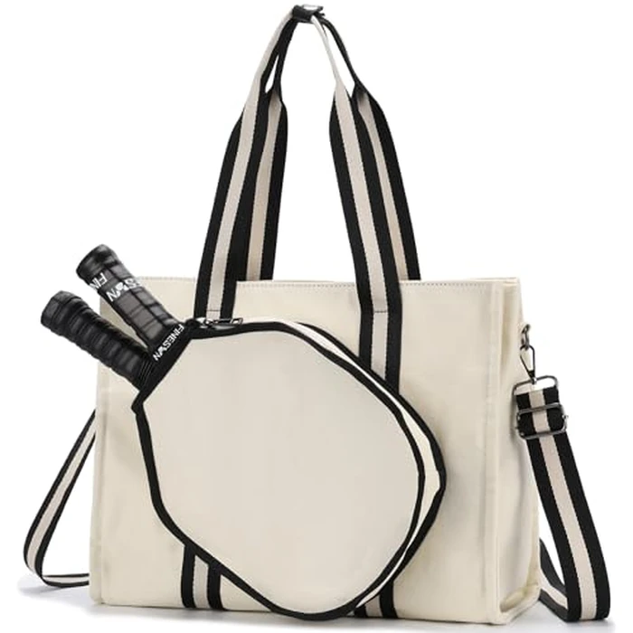 Pickleball Tote Bags for Women with Fence Hook,Vaschy Canvas Pickleball Paddle Holder Case Work/Gym/Sports Tote for 2 Rackets Beige by VASCHY - Used - Like New condition - CA$38.36
